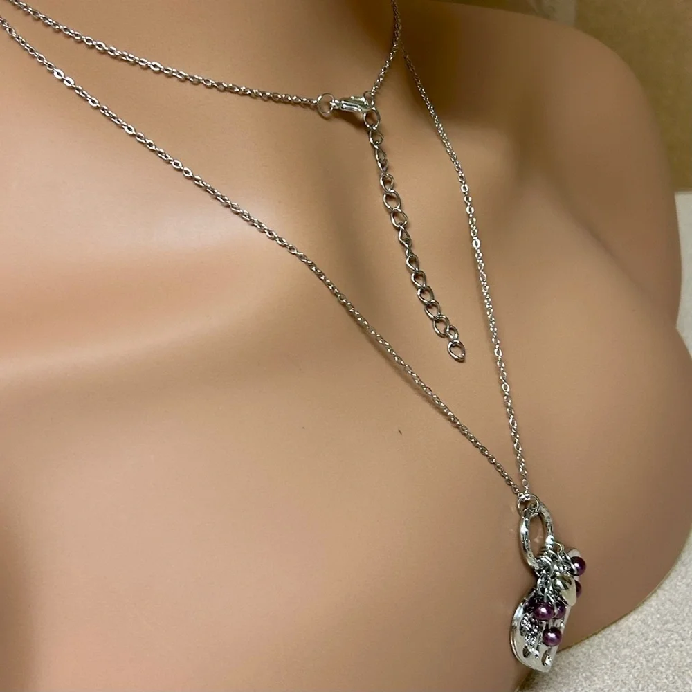 Long Silver and Purple Bead Accent Heart Pendant Necklace